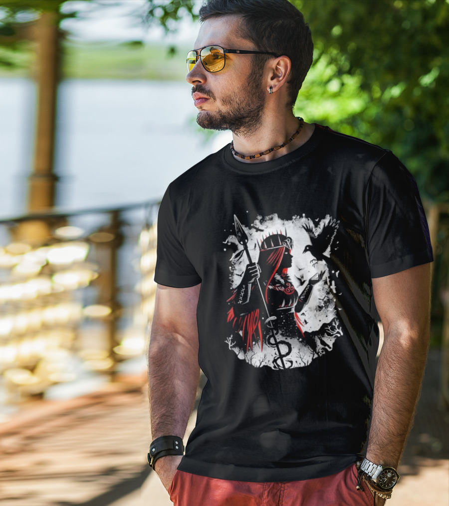 Goddess Of Fate And War With Spear And Raven T-Shirt