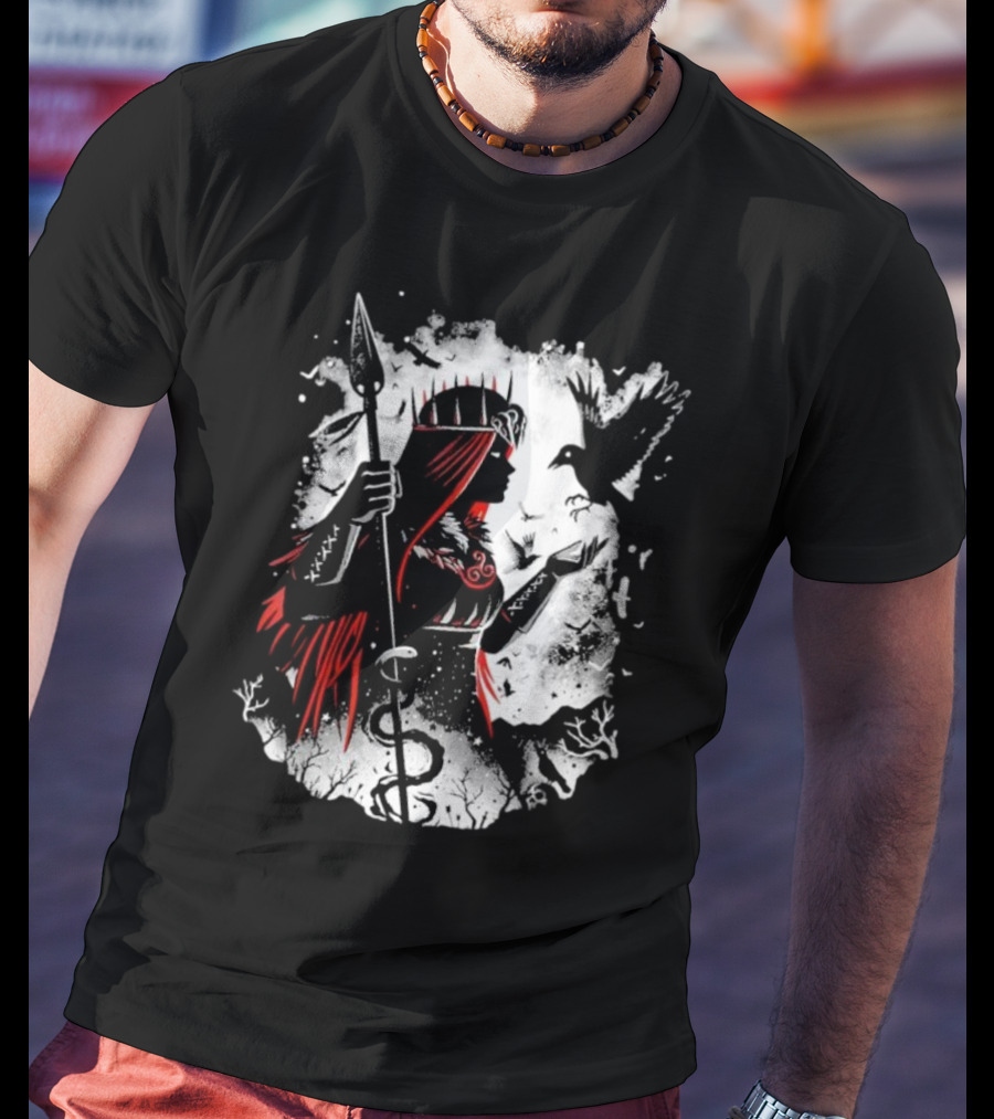 Goddess Of Fate And War With Spear And Raven T-Shirt
