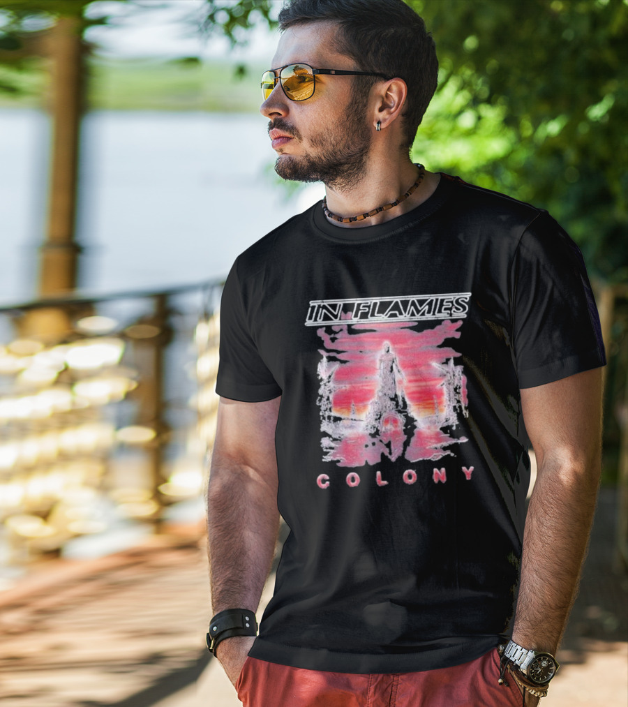 In Flames Colony Silhouette And Abstract Pink Brushstrokes T-Shirt