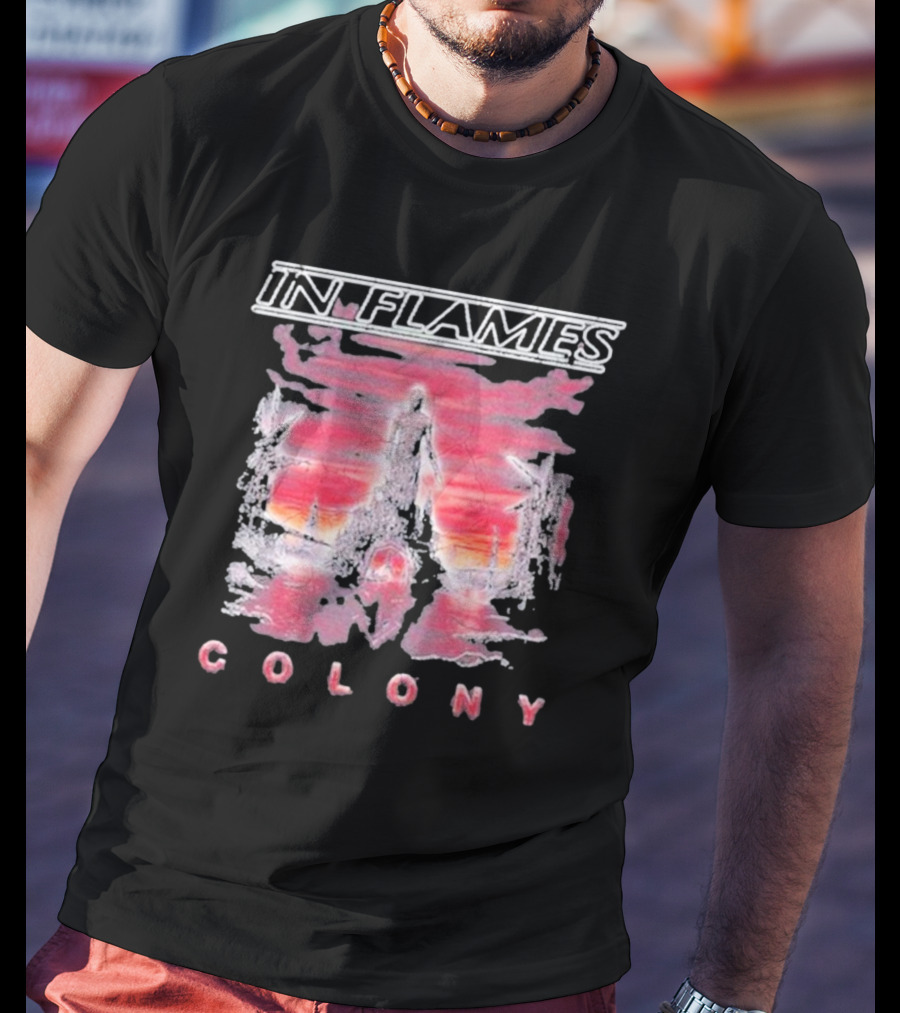In Flames Colony Silhouette And Abstract Pink Brushstrokes T-Shirt