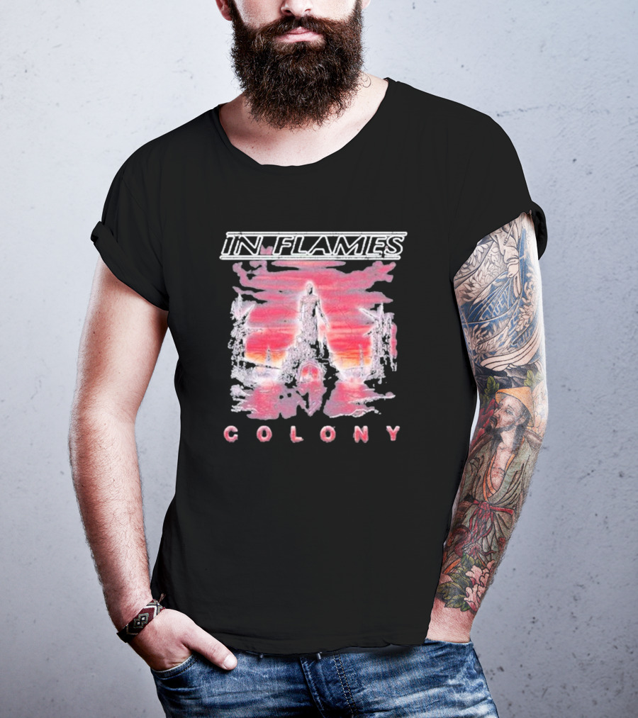 In Flames Colony Silhouette And Abstract Pink Brushstrokes T-Shirt