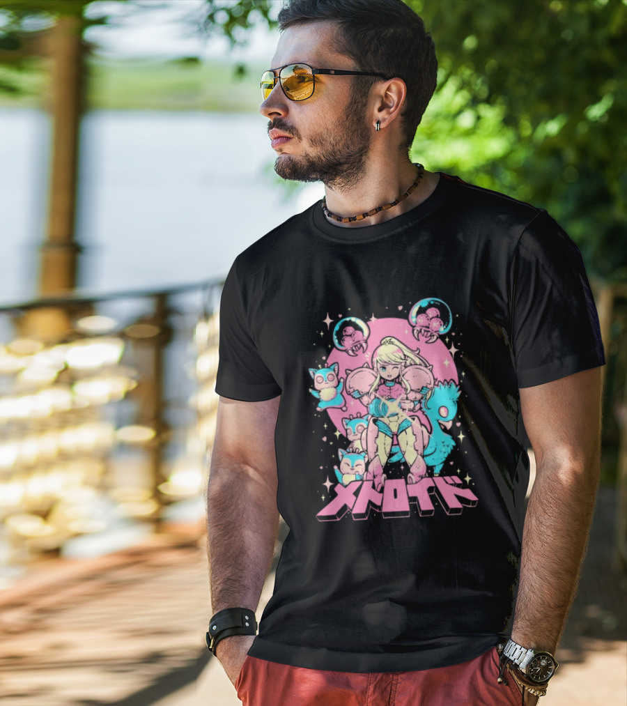 Metroid Pop Art Space Hero Anime Style Pink And Blue Retro T-Shirt