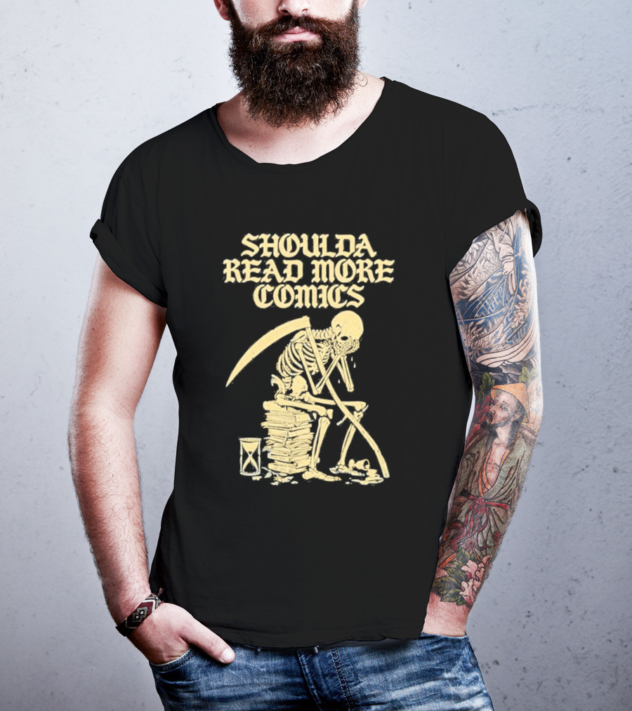 Shoulda Read More Comics Skeleton Sitting On Books With Hourglass T-Shirt
