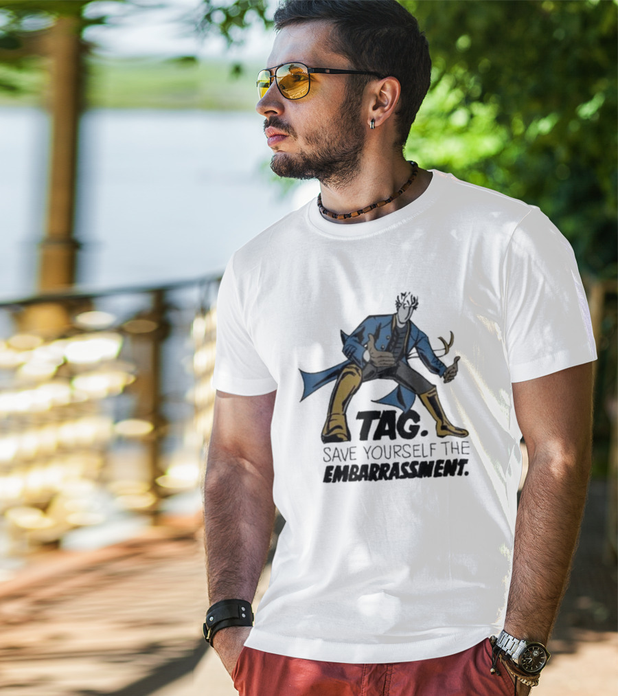 TAG Save Yourself The Embarrassment Mysterious Figure With Blue Coat And Yellow Boots T-Shirt