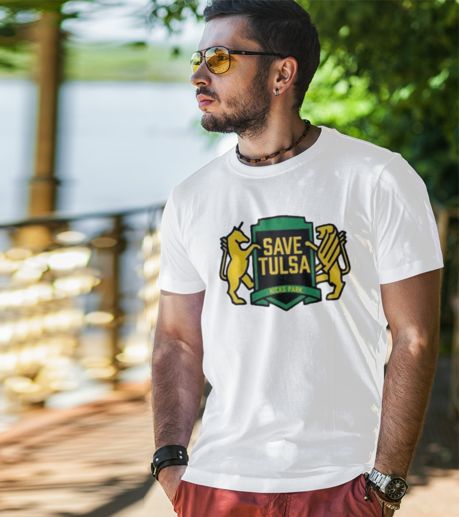 Save Tulsa Kicks Park Yellow Lion And Griffin Shield T-Shirt