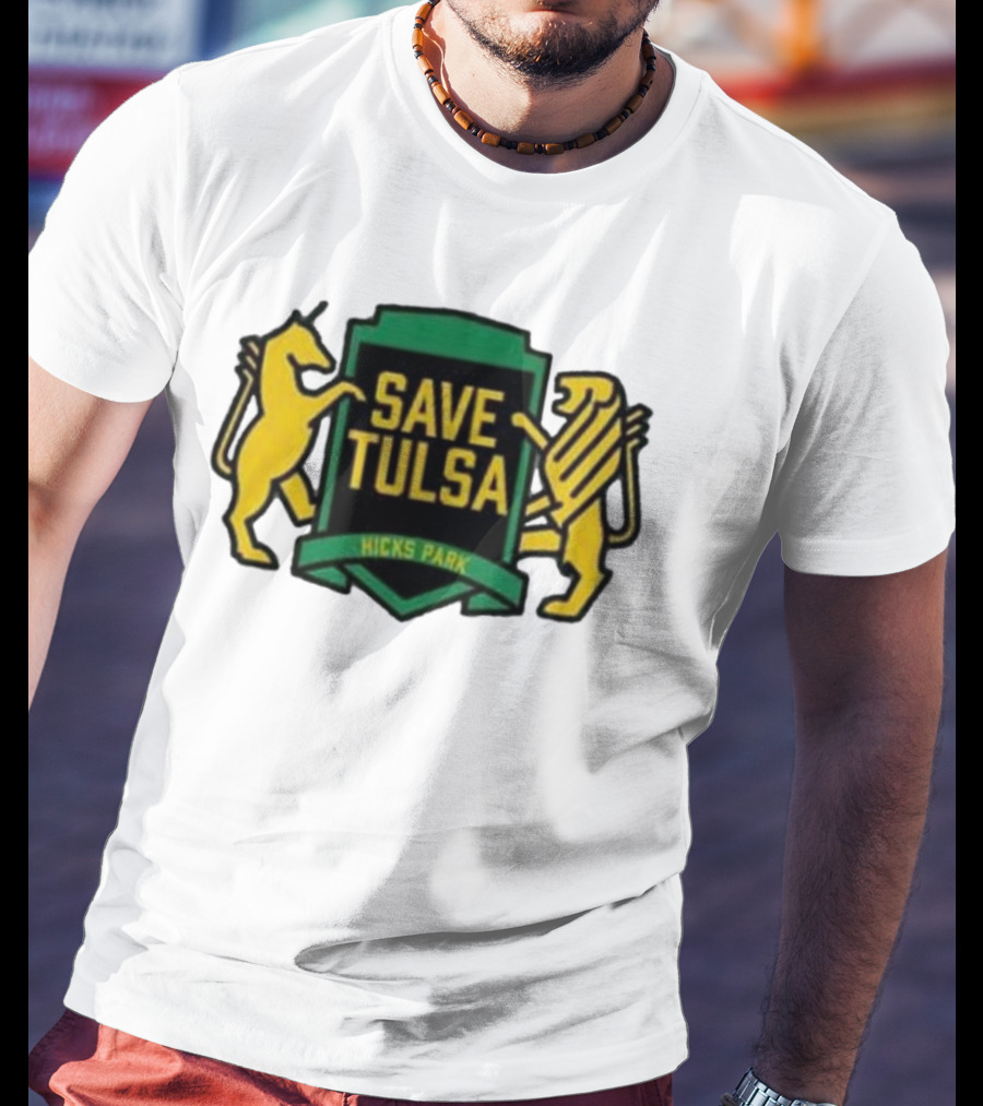 Save Tulsa Kicks Park Yellow Lion And Griffin Shield T-Shirt