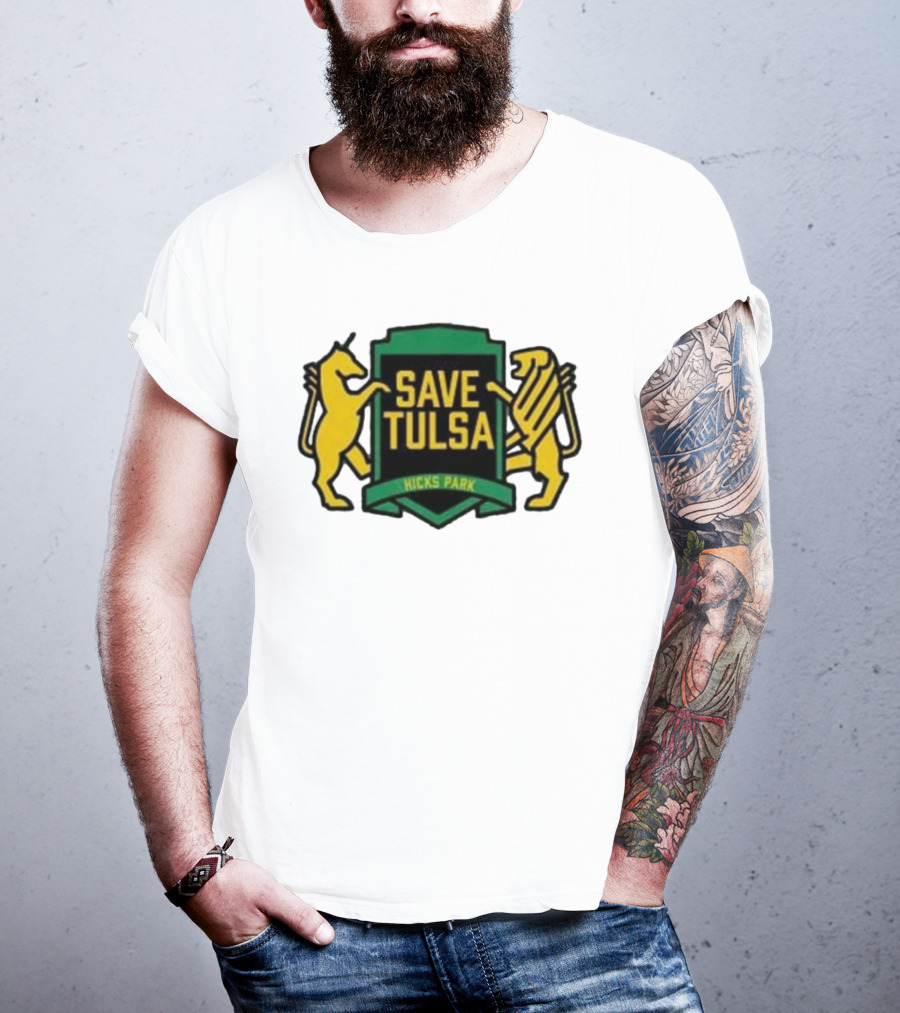 Save Tulsa Kicks Park Yellow Lion And Griffin Shield T-Shirt