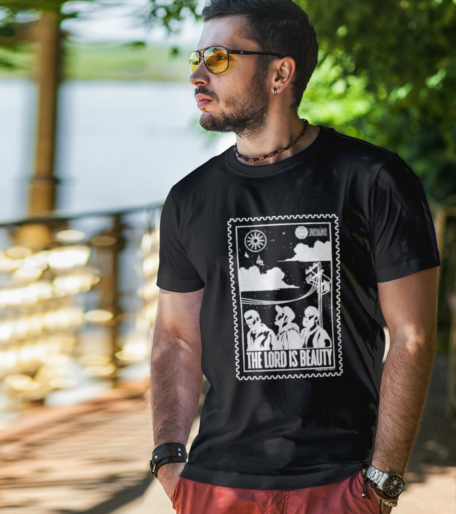 The Lord Is Beauty Three Figures Under Night Sky Clouds Birds Sun And Powerlines T-Shirt