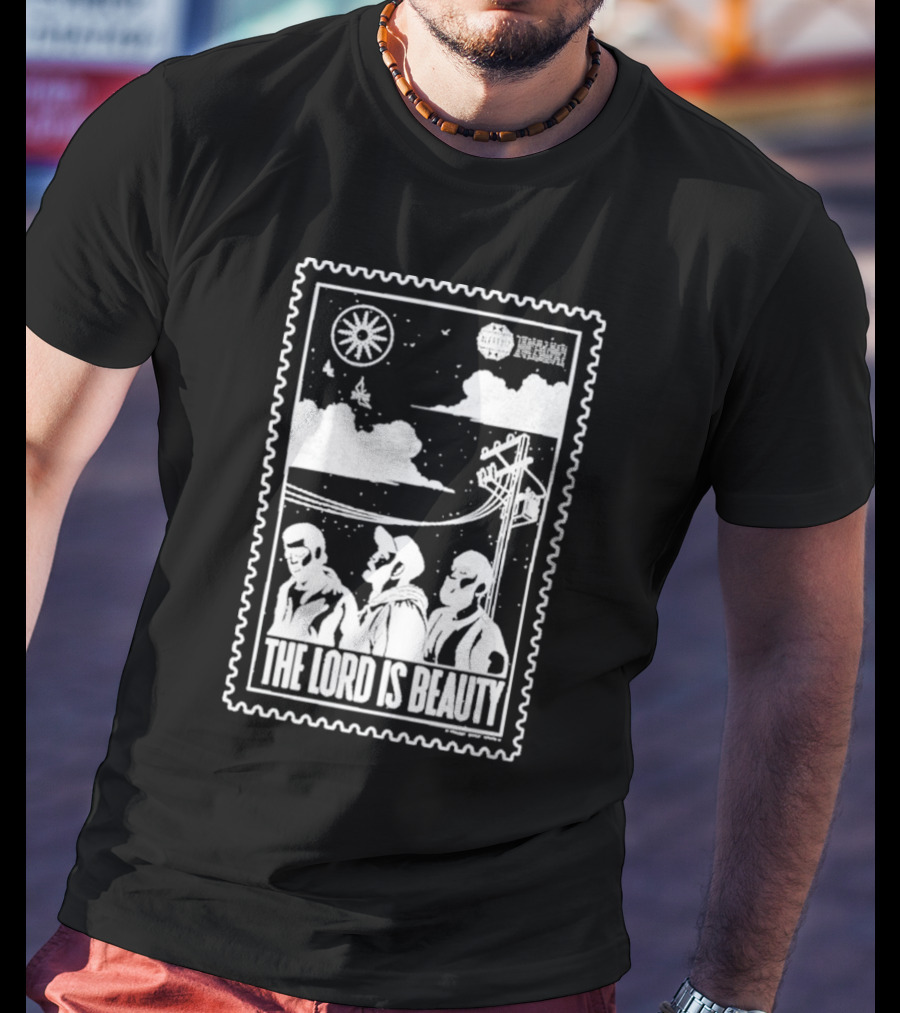 The Lord Is Beauty Three Figures Under Night Sky Clouds Birds Sun And Powerlines T-Shirt