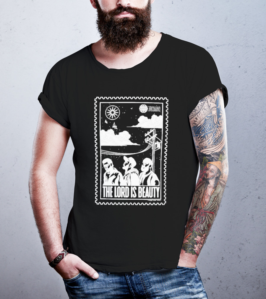 The Lord Is Beauty Three Figures Under Night Sky Clouds Birds Sun And Powerlines T-Shirt