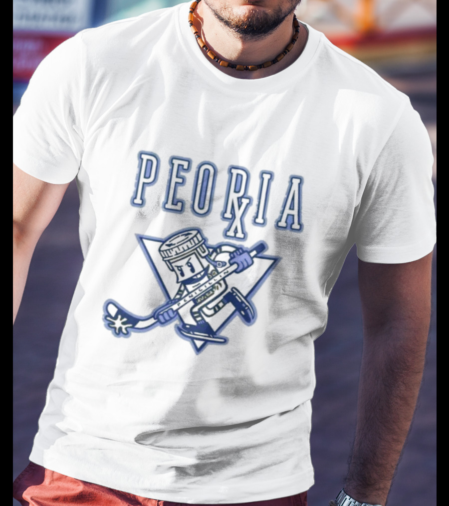 Peoria Hockey Mascot Penicillin Character With Syringe And Hockey Stick T-Shirt