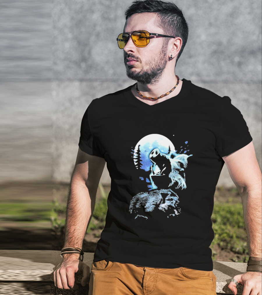 Wild Boar Howling At The Moon Men’s Forest Night Scene T-Shirt