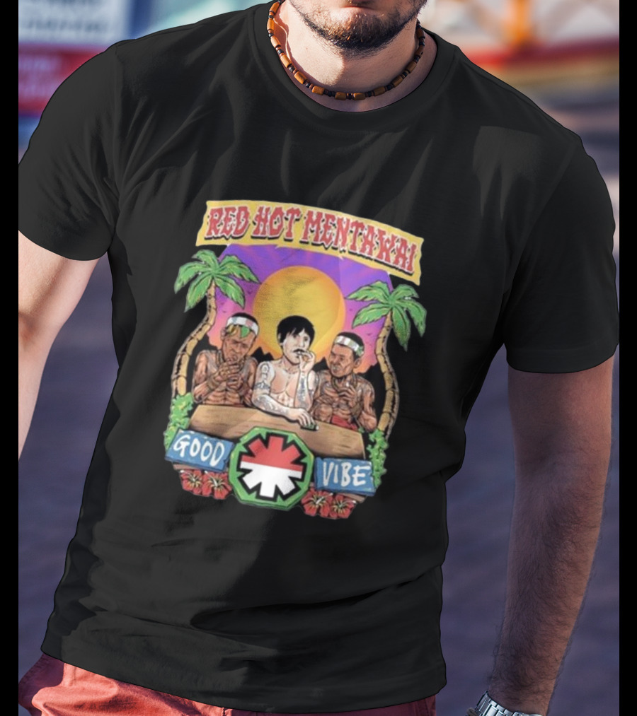 Red Hot Mentawai Good Vibe Sunset Island Scene With Palm Trees And Tattooed Trio T-Shirt