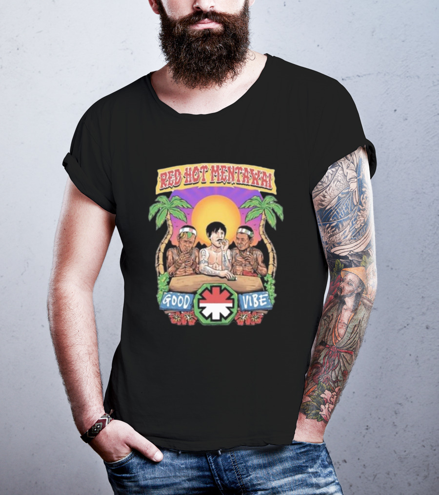 Red Hot Mentawai Good Vibe Sunset Island Scene With Palm Trees And Tattooed Trio T-Shirt