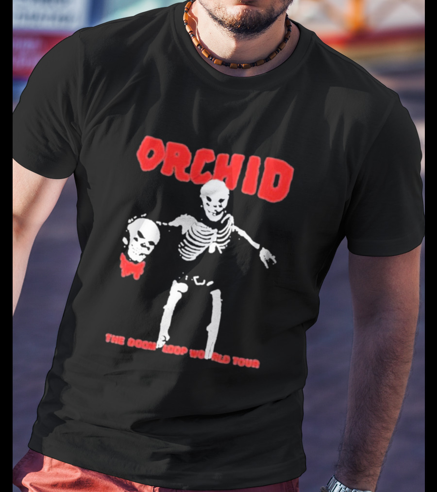 Orchid Skeleton Holding Skull The Doom Loop World Tour T-Shirt