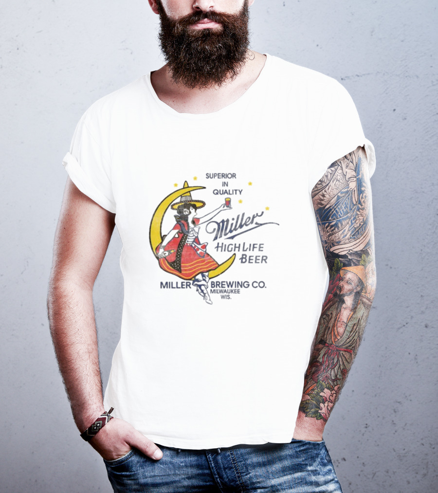 Superior Quality Miller High Life Beer Moon Lady Milwaukee Brewing Co T-Shirt