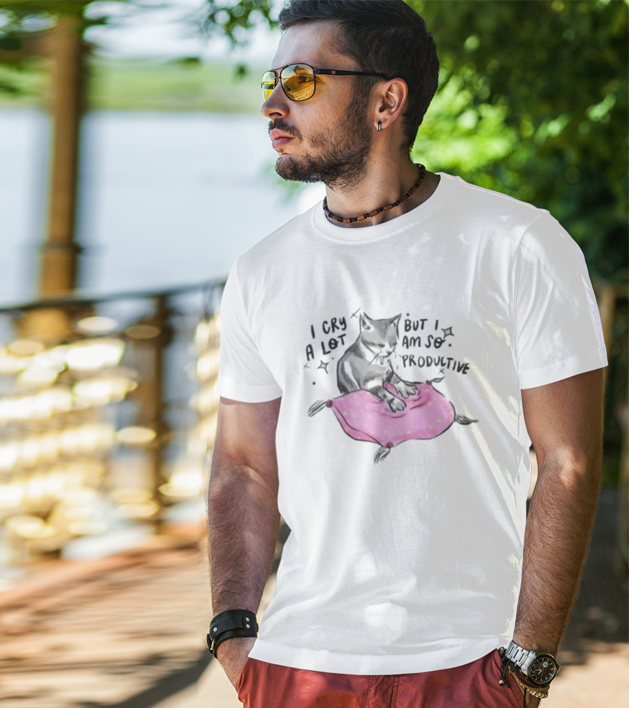 I Cry A Lot But I Am So Productive Funny Cat With Pink Blanket T-Shirt