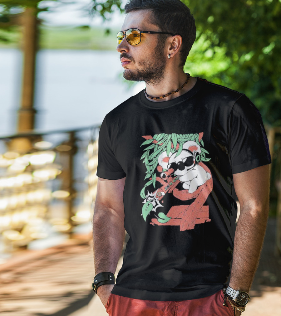 Flyquest Leaf Me Alone Koala Sniper On Tree Branch With Sunglasses And Headphones T-Shirt