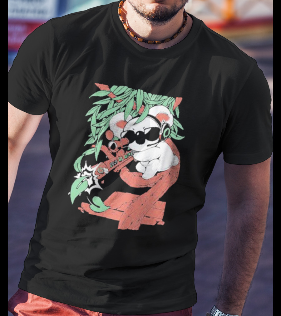 Flyquest Leaf Me Alone Koala Sniper On Tree Branch With Sunglasses And Headphones T-Shirt