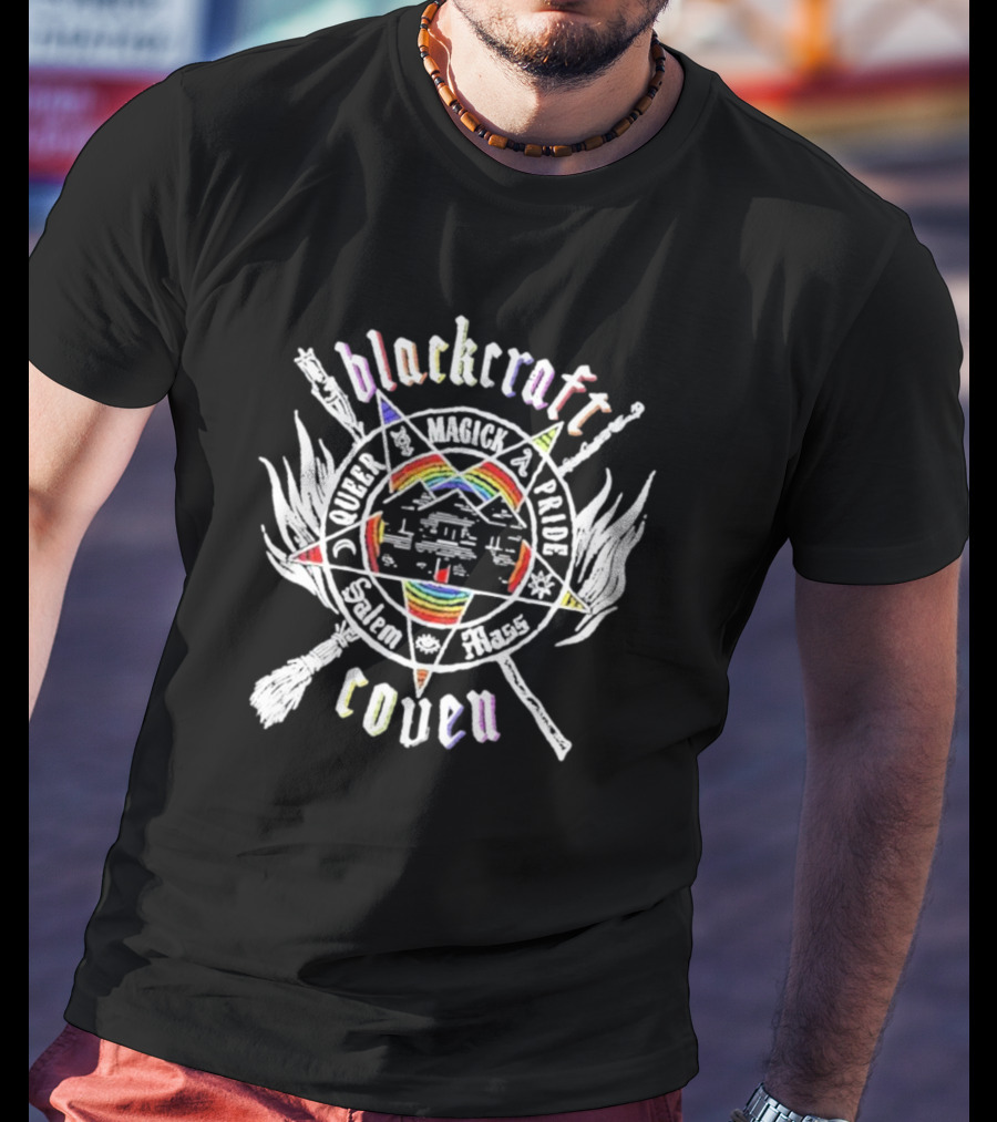 Blackcraft Coven Queer Magick Pride Salem Mass Rainbow Pentagram Broomsticks T-Shirt
