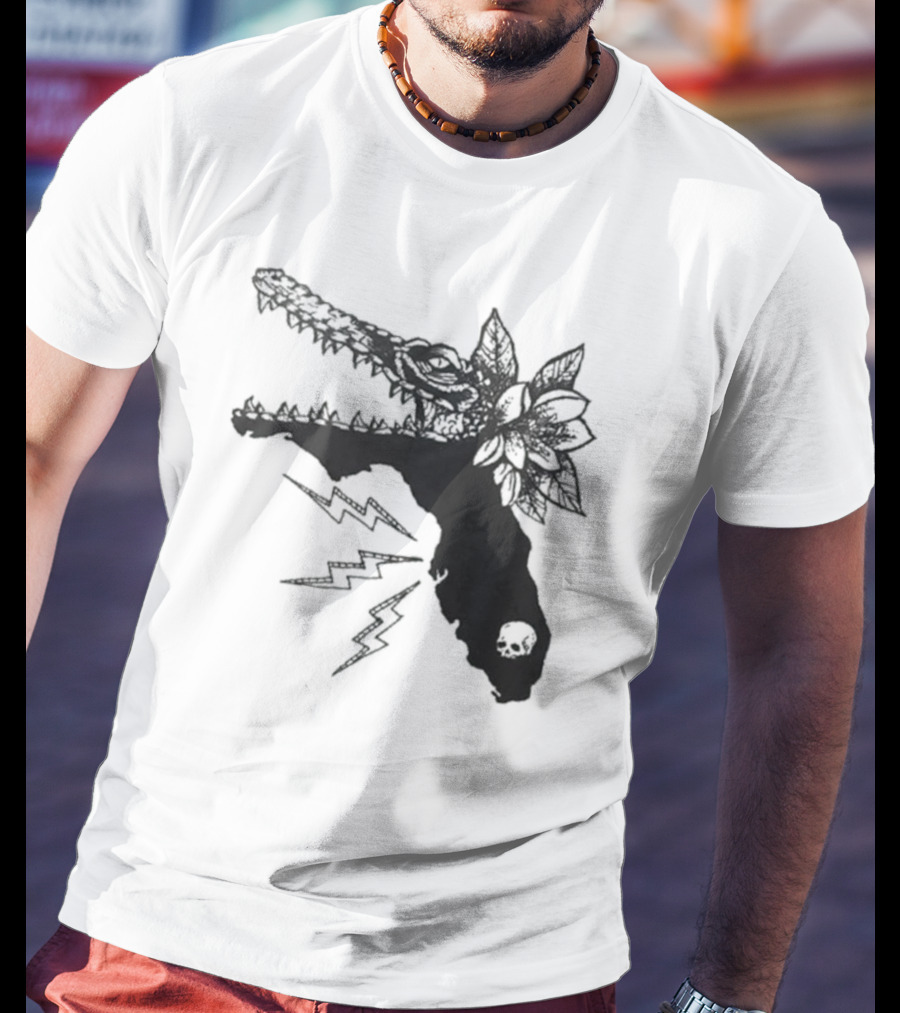 Florida Will Eat You - Alligator Skull Lightning Magnolia Map T-Shirt
