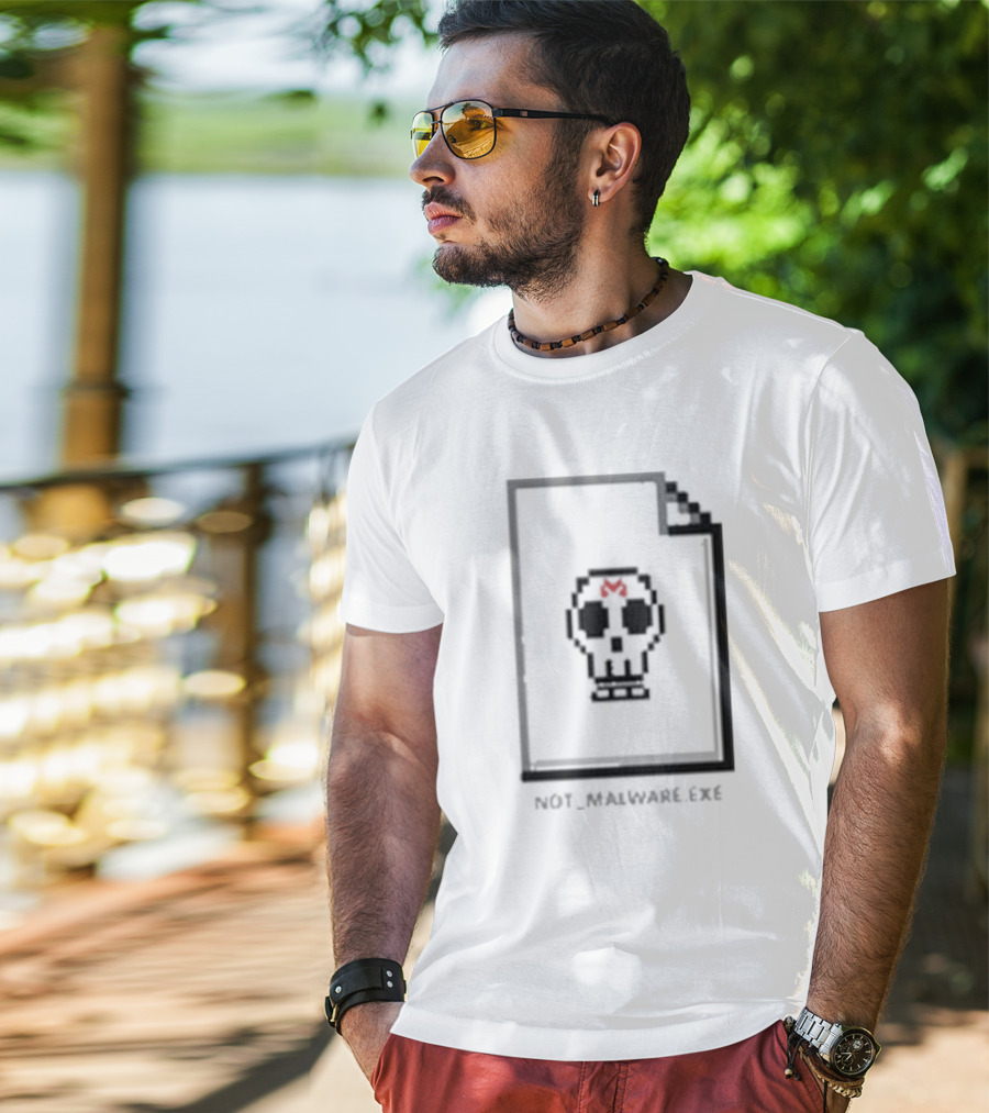 Not Malware Exe Skull Pixel Skull Icon With Red M On Document T-Shirt
