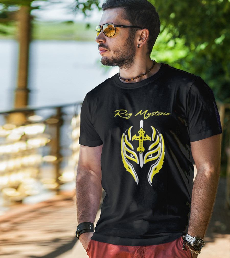 Rey Mysterio Cross Mask Icon With Yellow And White Accents T-Shirt