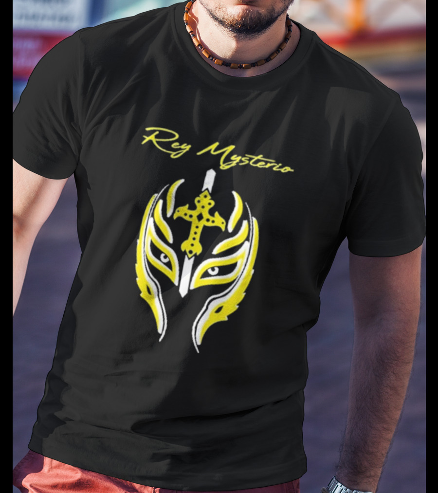 Rey Mysterio Cross Mask Icon With Yellow And White Accents T-Shirt