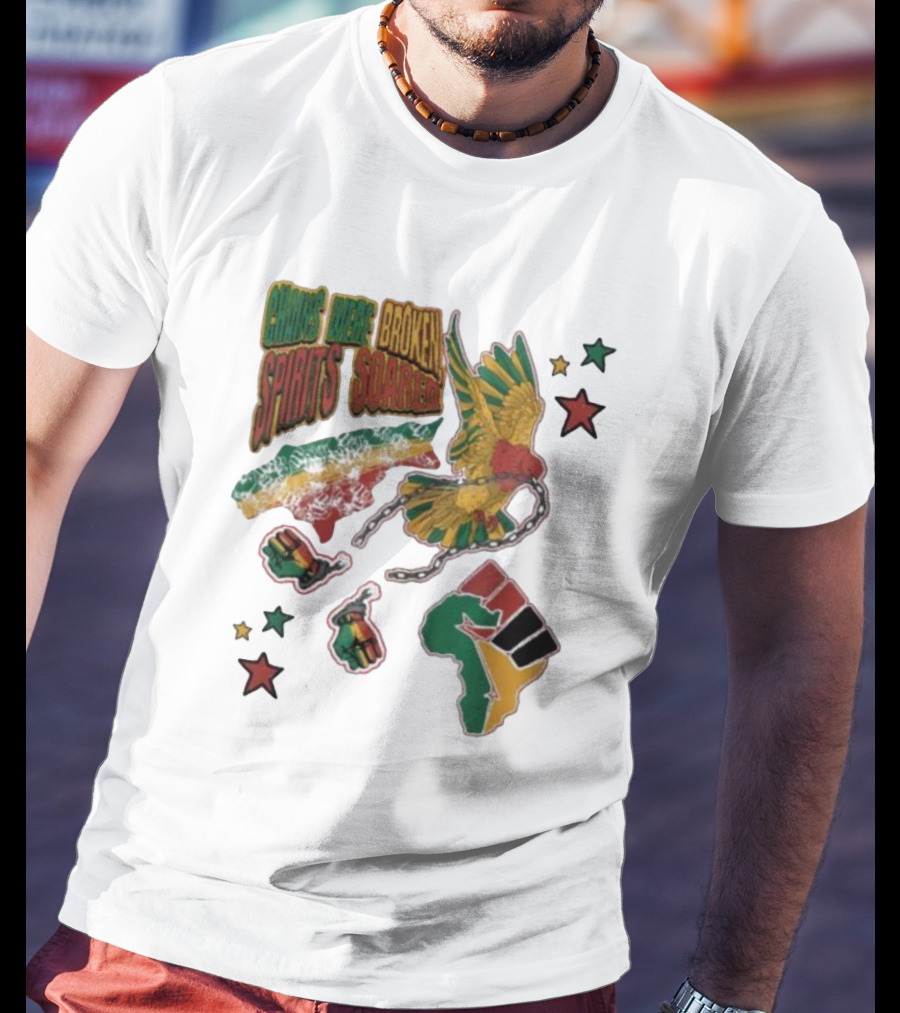 Chains Were Broken Spirits Soared Rasta Colors Fist Bird Stars T-Shirt