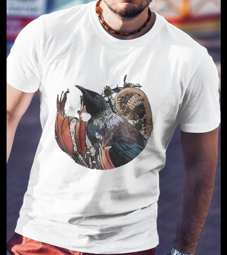 Tui’s Floral Harmony New Zealand Bird And Fern Motif T-Shirt