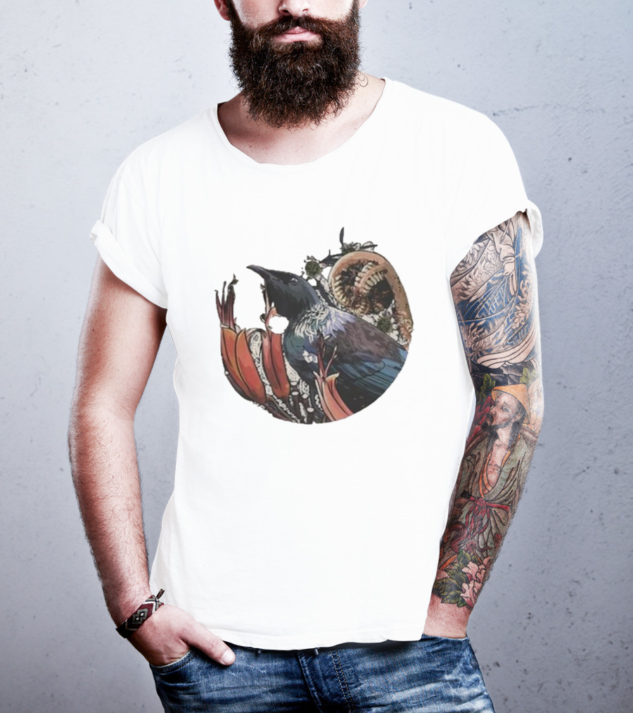 Tui’s Floral Harmony New Zealand Bird And Fern Motif T-Shirt