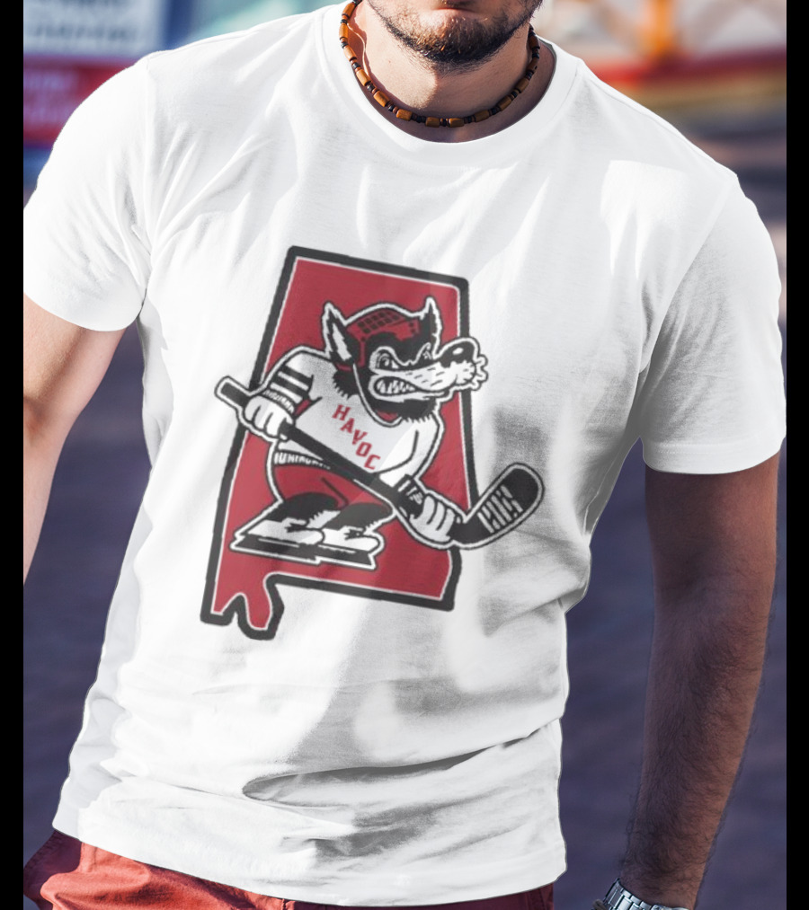 Havoc Retro Wolf Hockey Red Alabama Outline T-Shirt
