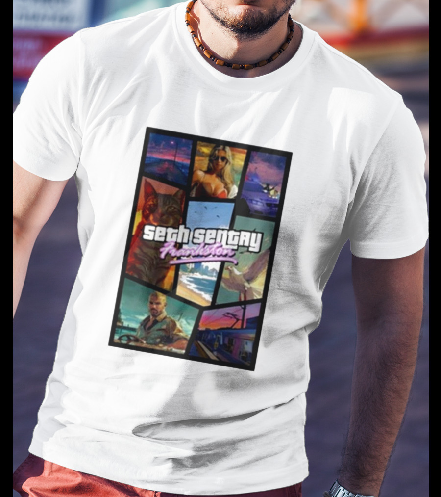 Seth Sentry Frankston GTA Style Art With Cat And City Scenes T-Shirt