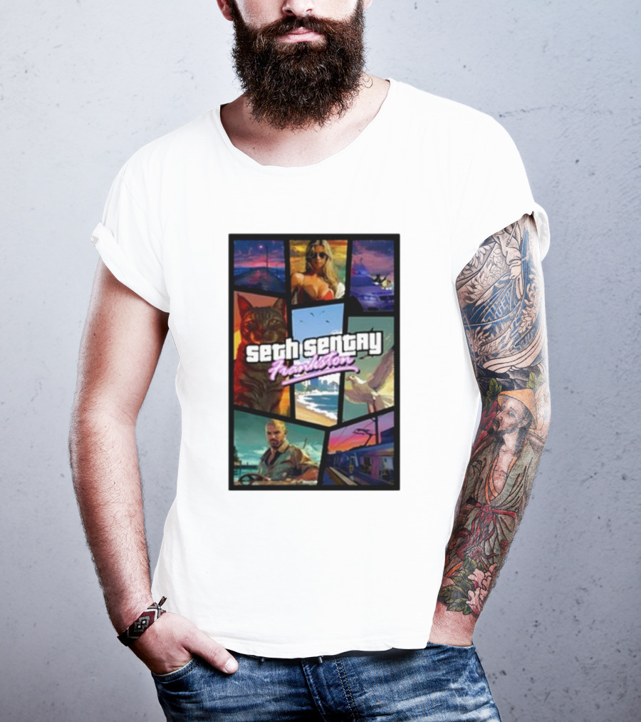 Seth Sentry Frankston GTA Style Art With Cat And City Scenes T-Shirt