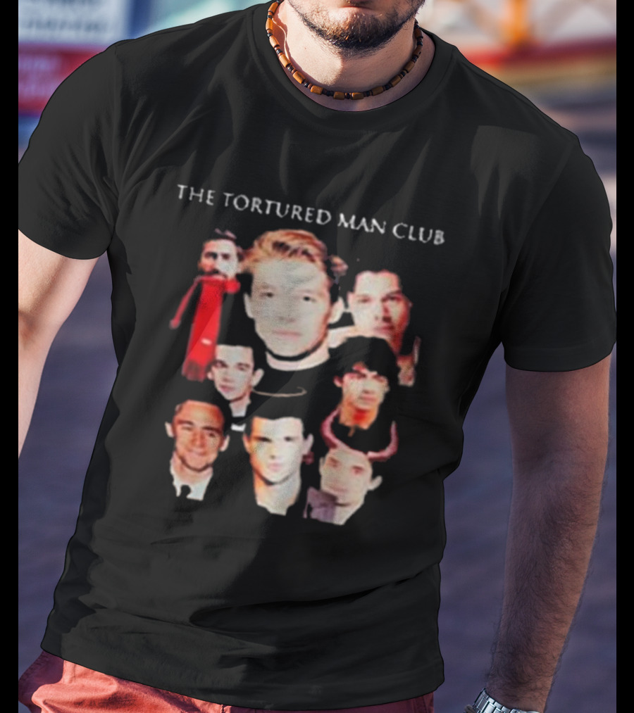 The Tortured Man Club: Collage Of Faces With Red Scarf And Horns T-Shirt