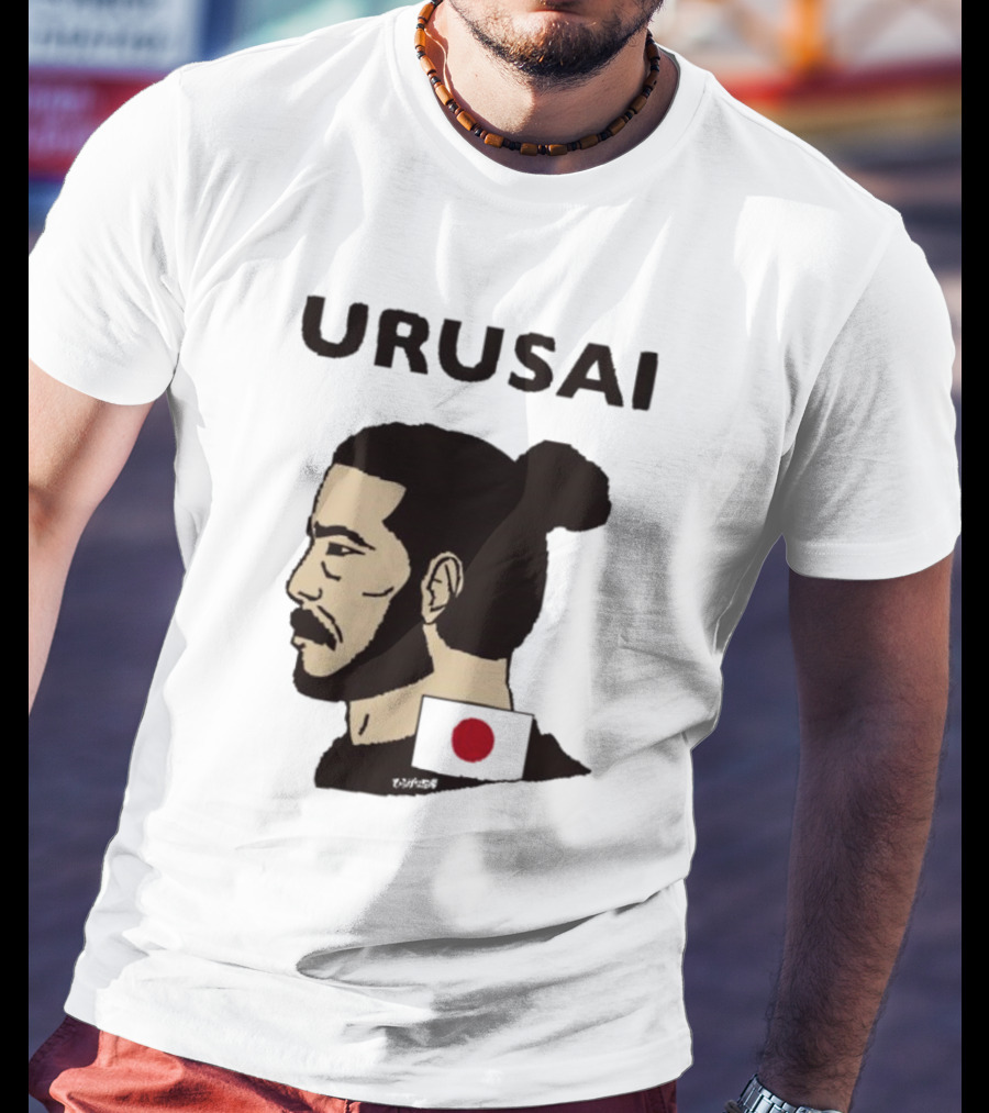 URUSAI Hiragana Ninja Japan Samurai Man Bun Profile With Flag T-Shirt