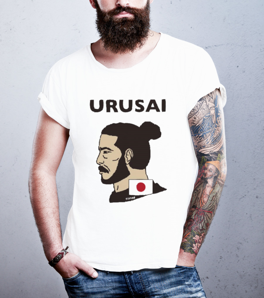 URUSAI Hiragana Ninja Japan Samurai Man Bun Profile With Flag T-Shirt