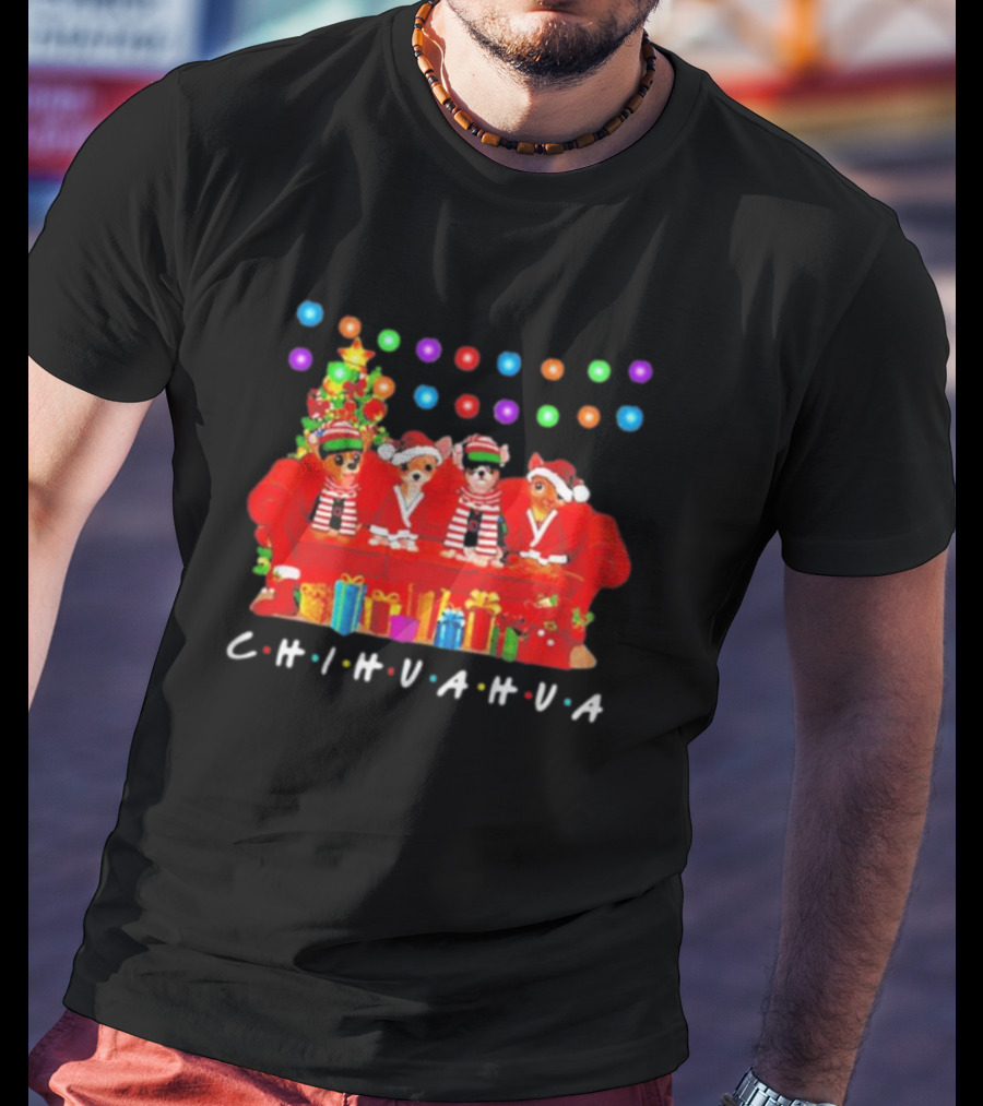 Merry Christmas Chihuahua Friends On Festive Couch With Colorful Lights And Presents T-Shirt