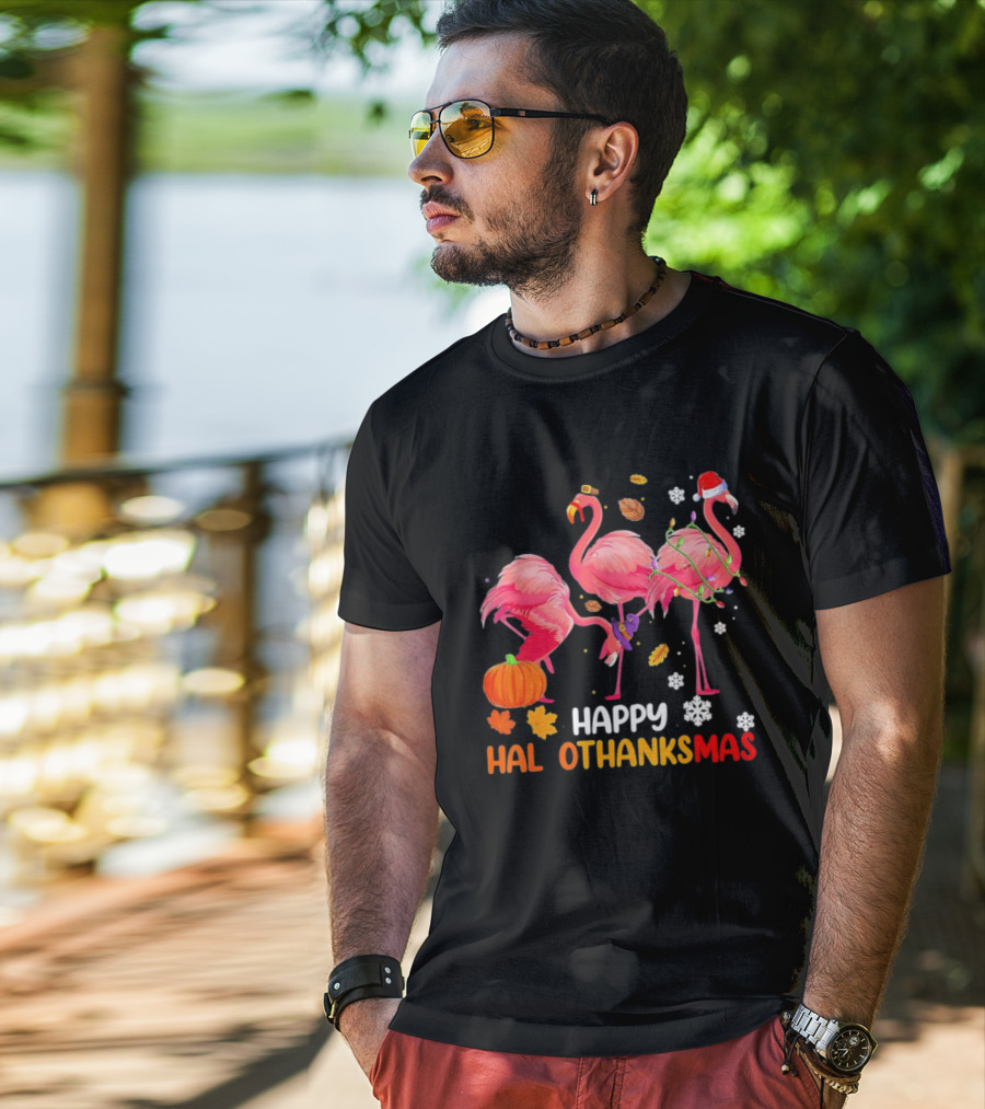 Happy Hallothanksmas Flamingo Halloween Thanksgiving Pumpkin Leaves Snowflakes T-Shirt