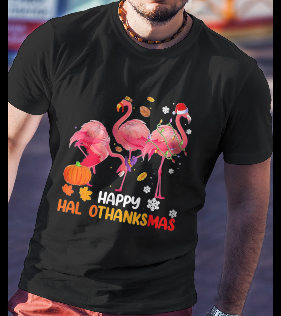 Happy Hallothanksmas Flamingo Halloween Thanksgiving Pumpkin Leaves Snowflakes T-Shirt