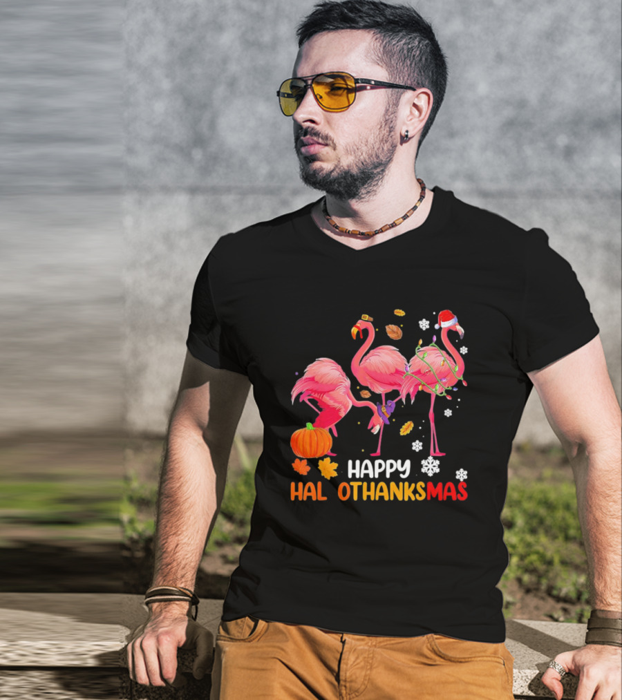 Happy Hallothanksmas Flamingo Halloween Thanksgiving Pumpkin Leaves Snowflakes T-Shirt