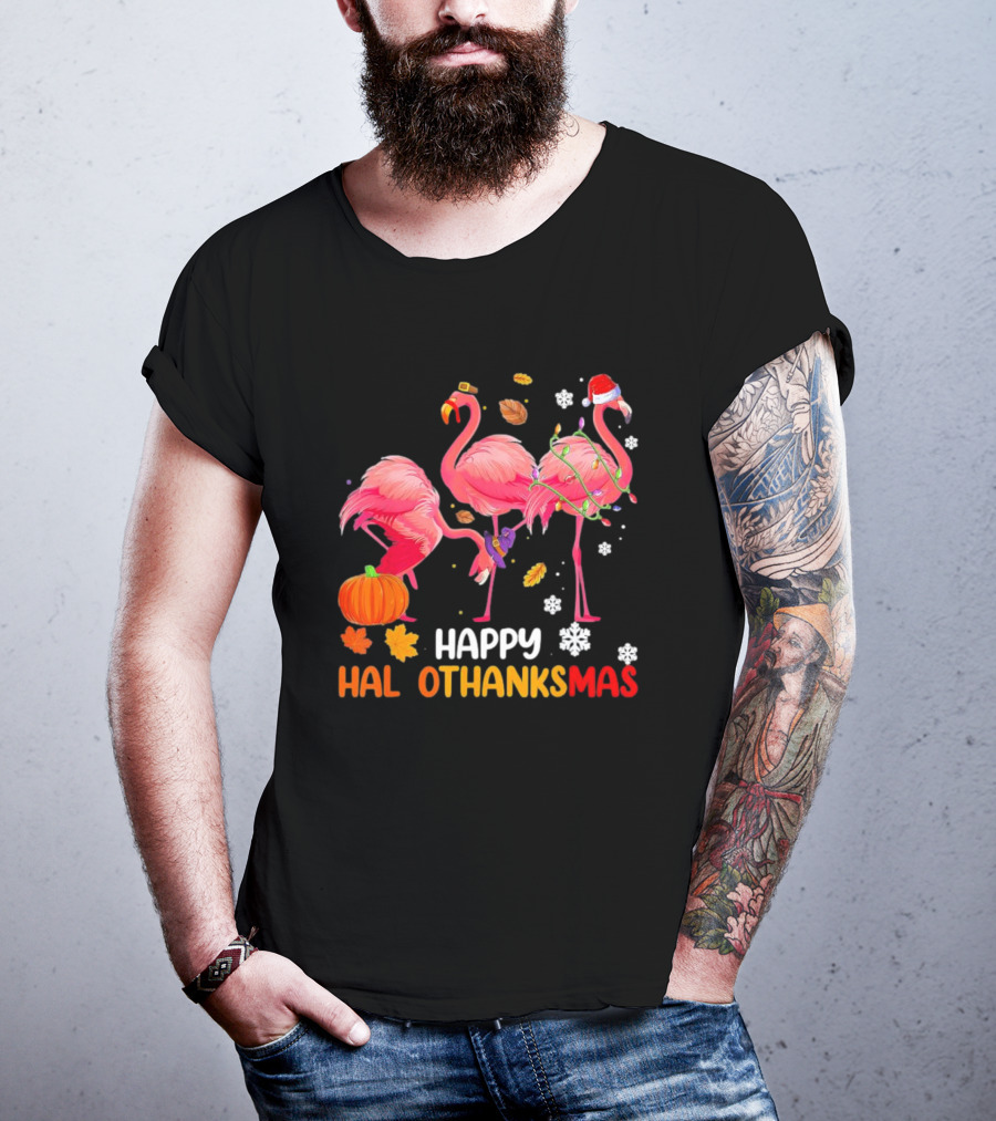 Happy Hallothanksmas Flamingo Halloween Thanksgiving Pumpkin Leaves Snowflakes T-Shirt