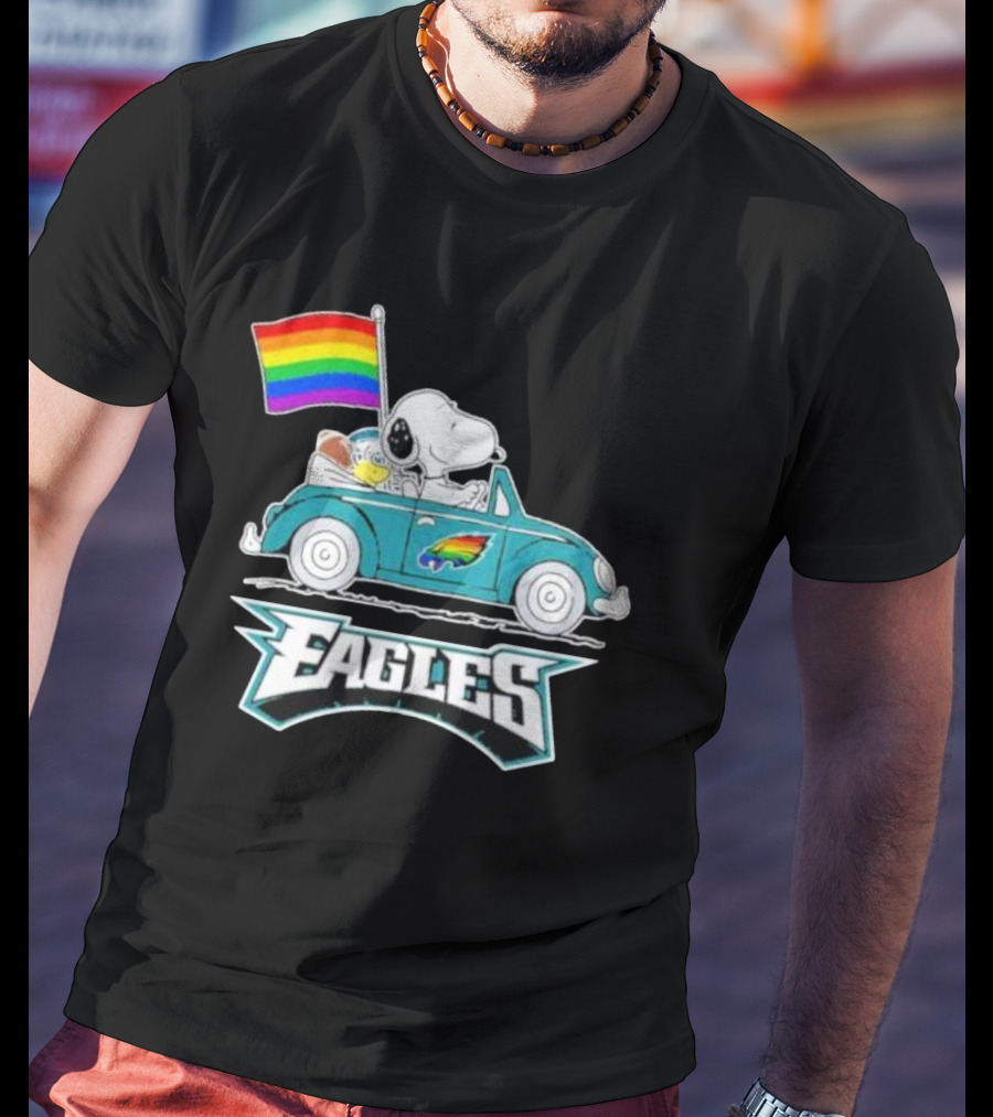 Philadelphia Eagles Pride Month Snoopy And Woodstock Rainbow Flag Parade T-Shirt