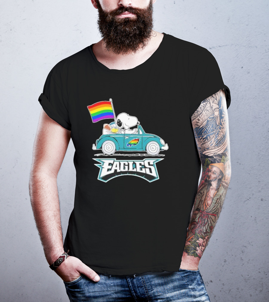 Philadelphia Eagles Pride Month Snoopy And Woodstock Rainbow Flag Parade T-Shirt