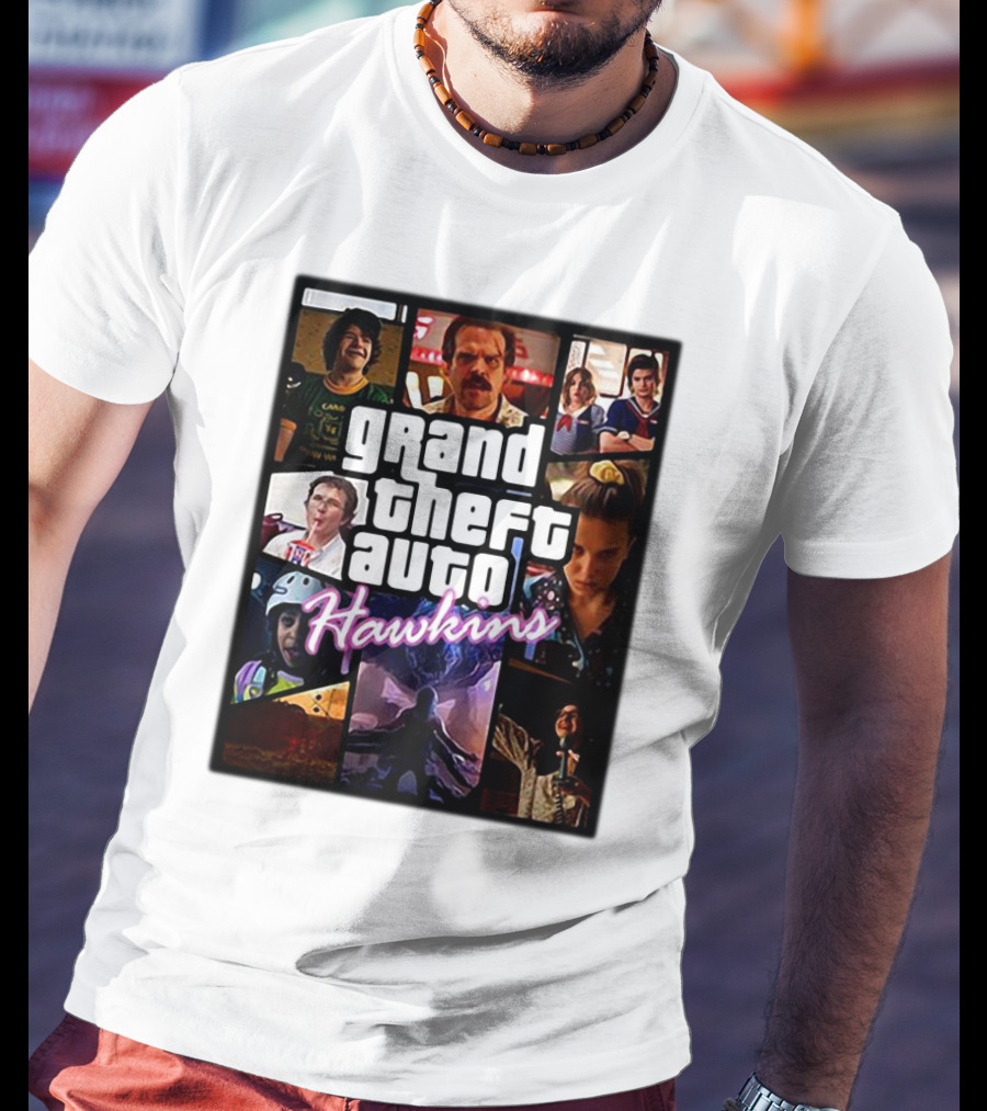 Stranger Things 3 Grand Theft Auto Hawkins Vintage Style Collage T-Shirt