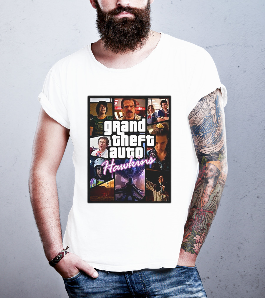Stranger Things 3 Grand Theft Auto Hawkins Vintage Style Collage T-Shirt