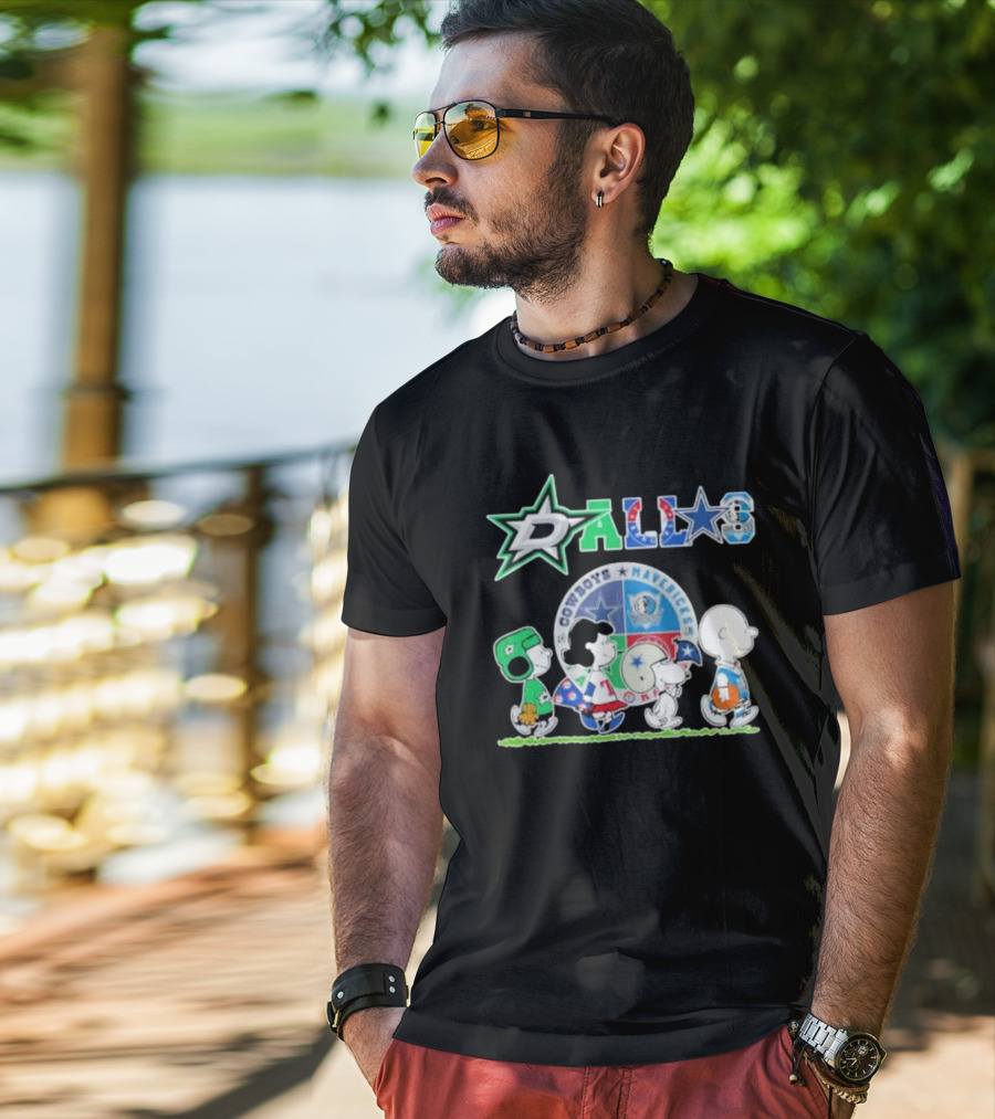 Peanuts Characters Walking With Dallas Cowboys Mavericks Stars T-Shirt
