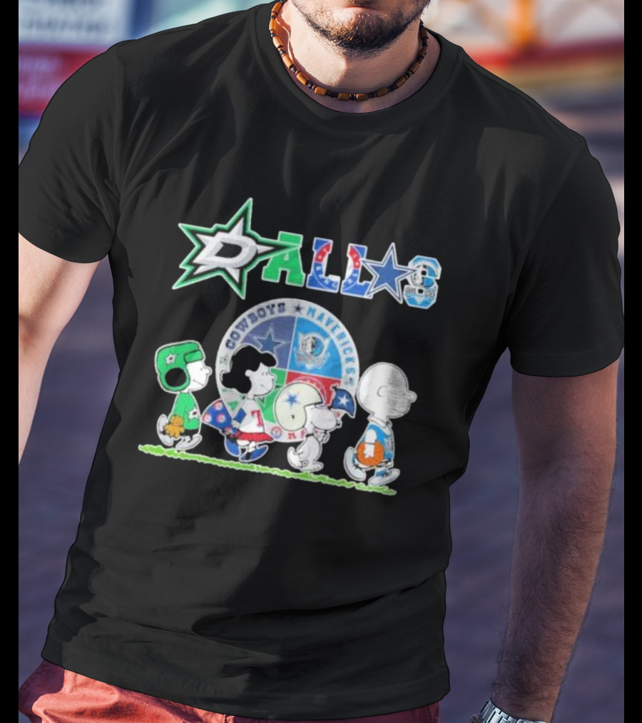 Peanuts Characters Walking With Dallas Cowboys Mavericks Stars T-Shirt