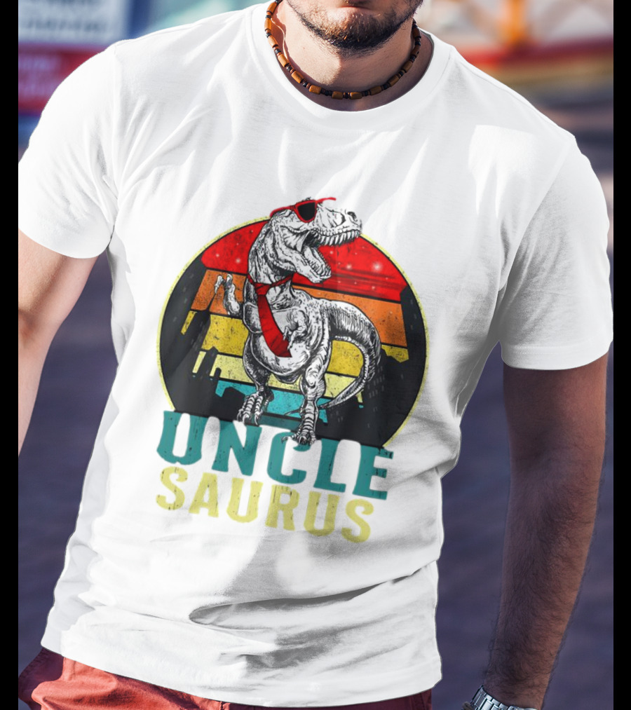 Uncle Saurus Rex Dinosaur With Sunglasses And Red Tie Fathers Day T-Shirt