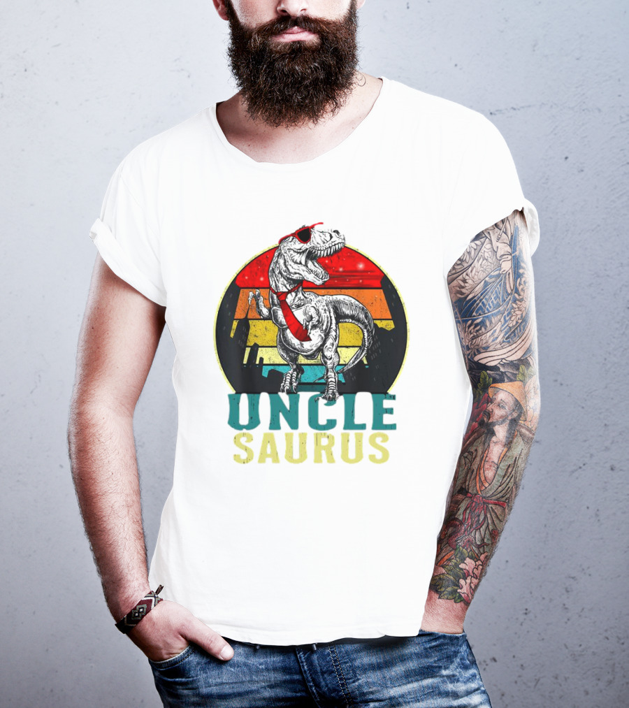 Uncle Saurus Rex Dinosaur With Sunglasses And Red Tie Fathers Day T-Shirt